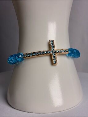Gold-Tone Cross Bracelet with Aqua Blue Crystal Beads